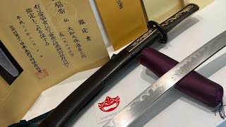 Rare Kurabe-Uma wakizashi in hira-zukuri construction.