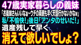 【スカッとする話】47歳実家暮らしの義妹「お義姉さんいいなぁ～ウチの両親も早く天国行かないかなw」私「不愉快！」後日「アンタのせいだ！」⇒遺産残して消えて欲しいでしょ？