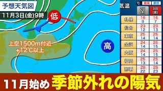 【週間気温】11月スタートは季節外れの陽気／3日(金)文化の日は関東以西で夏日か