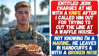 ENTITLED JERK CHARGES AT A MARINE WITH A KNIFE AND GETS HIS FACE SLAMMED TO THE GROUND INSTANTLY!!