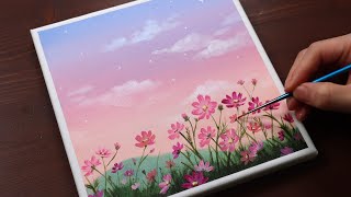 Cosmos Flowers / Landscape / Easy acrylic painting for beginners / PaintingTutorial / Painting ASMR