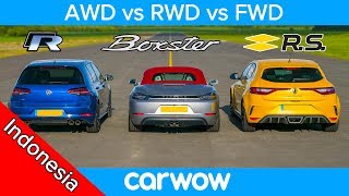 DRAG RACE AWD vs RWD vs FWD: Golf R vs Boxster vs Megane Trophy