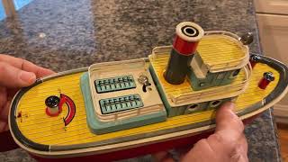 RARE, FULLY WORKING, BATTERY OPERATED TIN TUGBOAT FROM MARUSAN SHOTEN LTD., IN IT'S ORIGINAL BOX.