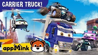 appMink Police Car & Carrier Truck Chase Evil Bus on Tall Train Tracks! I Kids Cars Movies