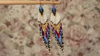 Red blue beaded fringe earrings Seed bead earrings