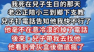 我死在兒子生日的那天 ， 老公正陪小三到鄉下支教。  兒子打電話告知他我快不行了，  他毫不在意冷漠的掉了電話 。 後來，兒子帶我去找他 ， 他看到骨灰盒後徹底瘋了。