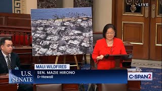 U.S. Senator Mazie Hirono delivers a speech on the Senate floor about the Lahaina wildfire tragedy