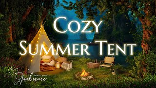 Cozy Summer Tent ASMR Ambience ⛺️Relaxing Campfire by the Lake with Crickets & Occasional Light Rain