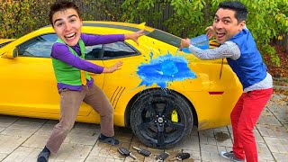 Mr. Joker Filled Car with Magic Water VS Mr. Joe on Camaro for Kids