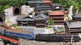 C62牽引あさかぜ ① HX-A1H 車載カメラ　露天風呂　Model trains and a diorama of a Japanese hot spring town