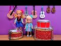 Backstage ! Elsa & Anna are playing musical instruments - Barbie dolls