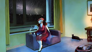 1930's A night with Thunderstorm and Lightning (Oldies playing in another room, rain) 6 HOURS ASMR