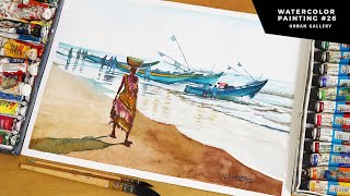 Watercolor painting of a beautiful seascape | Fishing boats