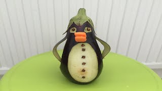 Eggplant carving to be penguin - Fruit & vegetable carving by Nidnoi kitchen