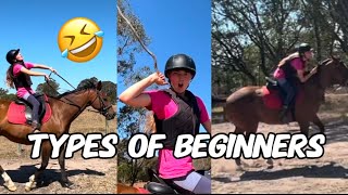 Types of beginners having their first horse riding lesson