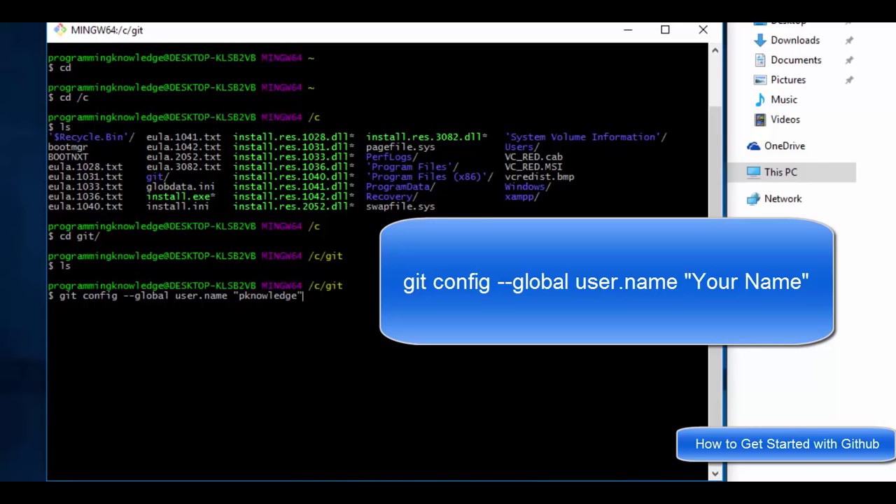 Global config user. Git Bash create folder.