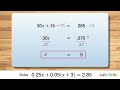 solving linear equation “0.25𝑥 0.05 𝑥 3 = 2.85” step by step algebra solution math doodle