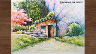 How to Draw Wooden Cabin at Big Rock In Landscape With Pen Drawing and Pencil Coloring