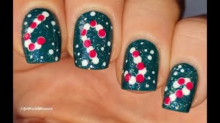 Candy Cane CHRISTMAS NAIL ART / Green Festive NAILS - Beginner MANICURE At Home