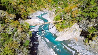 秀巒野溪溫泉｜溪流、奇岩、吊橋、山巒、楓紅｜空拍