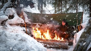 Solo Camping in Survival Shelter from Poncho Tent During Storm - Long Fire - ASMR