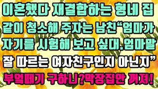 [카카오실화사연]이혼했다 재결합하는 형네 집같이 청소해 주자는 남친“엄마가자기를 시험해 보고 싶대.엄마말 잘따르는 여자친구인지 아닌지”부엌떼기 구하니?막장집안 꺼져!