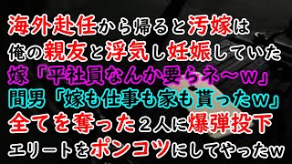 【修羅場】海外赴任から帰ると汚嫁は俺の親友と浮気し妊娠していた「平社員は要らね～ｗ」間男「嫁も仕事も家も貰ったｗ」俺から全てを奪い勝ち誇る2人に爆弾投下してエリートをポンコツにしてやったｗ