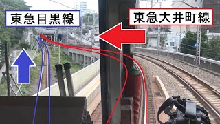 東急大井町線の自由が丘駅～緑が丘駅間を走行する9000系の前面展望