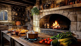 Cozy Ambience | Rustic Woodstove Farmhouse Kitchen | Bubbling Soup, Stew and Crackling Fire Sounds