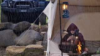 SOLO Camping in RAIN [ New Tent, relaxing in a Jungle between 2 creeks, ASMR ]
