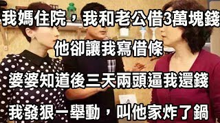 我媽生病住院，我和老公借3萬塊錢，他卻讓我寫借條，婆婆知道後三天兩頭讓我還錢，我發狠一舉動，叫他家炸了鍋