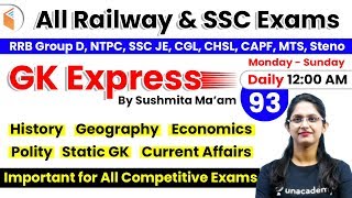 12:00 AM - All Railway & SSC Exams | GK by Sushmita Ma'am | Important GK Questions (Day-93)