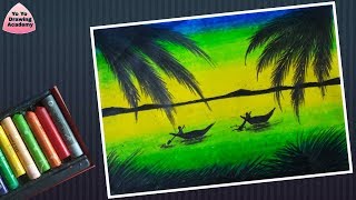 Green Sunset Scenery Drawing with Oil Pastels for Beginners - step by step
