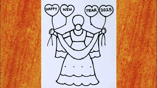 Easy New year 2025 drawing from 4×8 dots // Easy Traditional Girl drawing //New year Rangoli