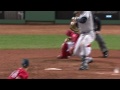 nyy@bos hanigan takes pitch off hand leaves game