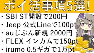 【ポイ活事項5選‼】SBI ST開設で200円/Jeep 公式Lineで100pt/auじぶん銀行新規 2000円/FLEX インカムで150pt/irumo 0.5ギガで1万pt