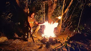 Build a wooden shelter for night bushcraft in wild forest survival with fire and knife/asmr