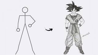 How to draw Goku Full Body out of Stick Man | Easy Step by Step