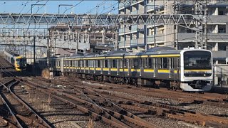 E257系500番台千マリNB-03編成［特急わかしお9号安房鴨川行］＆209系2100番台千マリC447編成+209系2100番台千マリC421編成【片目】［外房線茂原行］蘇我駅5番線、6番線入線