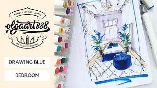 ✏️HOW TO DRAW INTERIOR: blue bedroom sketch with markers (step-by-step tutorial)