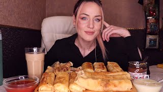 MUKBANG |  Блины с мясом, рыбой, творогом, нутелой, сгущенкой | Tea with pancakes | не АСМР