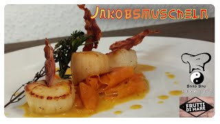 ☯ Jakobsmuscheln mit Bacon-Chip und Karottenbänder zubereiten / Frutti di Mare Rezept