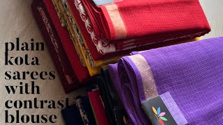 Pretty Shades of Plain Kota Doria Sarees matched with Contrast Handblock Printed Blouse Fabrics