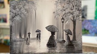 “A Stroll In The Rain”  acrylic painting tutorial ~ step by step