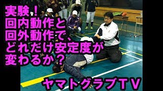 実験しました！ 回内動作と 回外動作で どれだけ軸足の安定度が 変わるか？これを体験した半信半疑の投手陣は、その後、ブルペンで、、、、