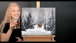 Learn How to Draw and Paint DEER IN WINTER - Paint and Sip at Home - Fun Beginner Acrylic Lesson