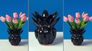 Beautiful Black Flower Vase make from Plastic Spoon | Flower Vase from Recycled Plastic Bottle
