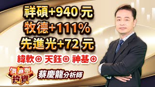 中視【價值型投資】20240220 #蔡慶龍：祥碩+940 元 牧德+111% 先進光+72 元 緯軟⊕ 天鈺⊕ 神基⊕ #中視 #中視新聞 #蔡慶龍 #價值型投資 #摩爾證券投顧