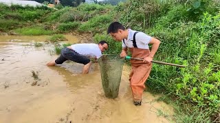 天天下雨，老乡家鱼塘涨水跑了很多鱼出来，大家一起抓鱼高兴坏了