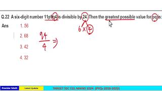 A six-digit number 11p9q4 is divisible by 24. Then the greatest possible value for pq is: #cgl2024